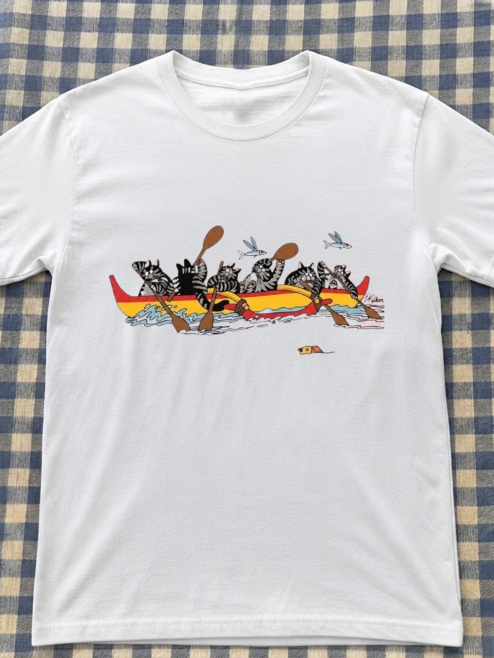 White Tee with Playful Canoe Cat Graphic